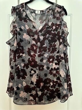 CAbi Floral Cold-Shoulder Blouse in Navy, Burgundy and Pink